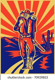 vector retro style illustration of a Cowboy carrying backpack and rifle walking with desert mountains and cactus in background