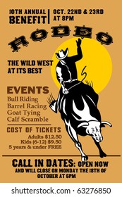 vector retro style illustration of a Poster showing an American  Rodeo Cowboy riding  a bull bucking jumping with sun in background and words  "Annual Benefit Rodeo "