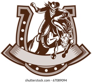 vector retro style illustration of a Rodeo Cowboy riding  a jumping bronco horse jumping with horseshoe in background and scroll in foreground done in woodcut.