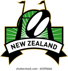 vector retro style illustration of a rugby ball and goal post inside rectangle with words new zealand