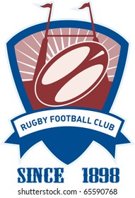 vector retro style illustration of a rugby ball and goal post inside shield with words rugby football club since 1898