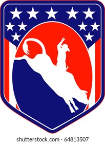 vector retro style illustration of a silhouette of an American  Rodeo Cowboy riding  a bucking jumping bull viewed from side inside shield with stars and stripes