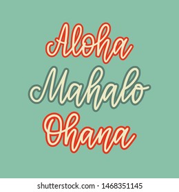 Vector retro style lettering. Set of words in Hawaiian. Hello, goodbye, love, thank you, family