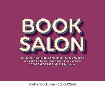 Vector retro style logo Book Salon with Font. Vintage isometric Alphabet Letters, Numbers and Symbols