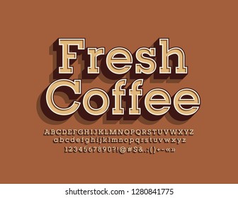 Vector retro style logotype Fresh Coffee for Business, Marketing, Promotion. 3D vintage Alphabet, Numbers and Symbols.