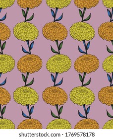 Vector retro style marigold floral seamless pattern. hand-drawn flower pattern with dirty pink background