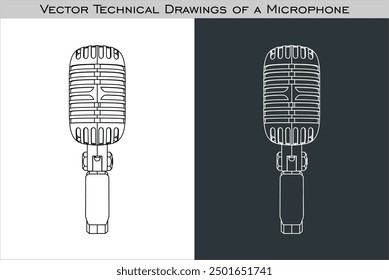 Vector Retro style microphone. blueprint technical wireframe line drawing outline  isolated on white background