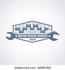 vector retro style monochrome car engine garage service logo with crankshaft and wrench; motor parts shop logotype; car service club vintage style emblem 