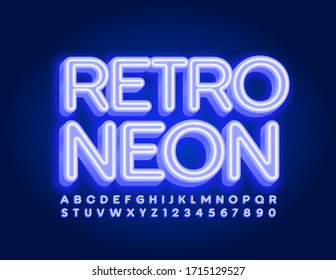 Vector Retro style Neon Font. Blue Electric Alphabet. Illuminated bright Letters and numbers