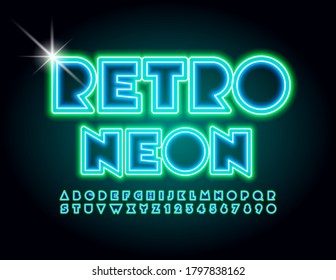 Vector Retro style Neon Font. Abstract Glowing Alphabet. Bright electric Letters and Numbers set