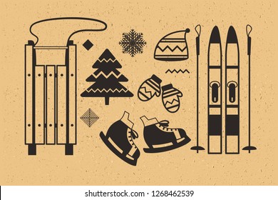 Vector retro style picture with winter sports elements: skis, sleigh, skates, cap and mittens, Christmas tree, snowflakes and some geometry elements. Textured background.