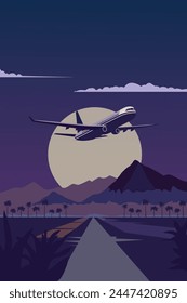 Vector retro style poster with airplane or jet flying over mountains at night, vintage style image