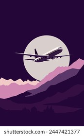 Vector retro style poster with airplane or jet flying over mountains at night, vintage style image