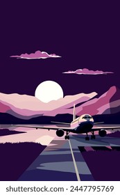 Vector retro style poster with airplane or jet on a runway among mountains at night, vintage style image