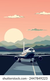 Vektorgrafik Retro-Stil Poster mit Flugzeug oder Jet auf einer Landebahn zwischen Bergen bei Sonnenuntergang oder Sonnenaufgang, Vintage-Stil Bild