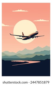 Vector retro style poster with airplane or jet flying over mountains and river at sunset or sunrise, vintage style image