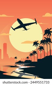 Vector retro style poster with airplane or jet flying over city, shore, seaside at sunset or sunrise, vintage style image