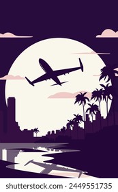 Vector retro style poster with airplane or jet flying over city, shore, seaside at night, vintage style image