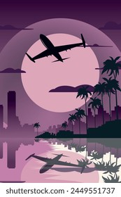 Vector retro style poster with airplane or jet flying over city, shore, seaside at night, vintage style image