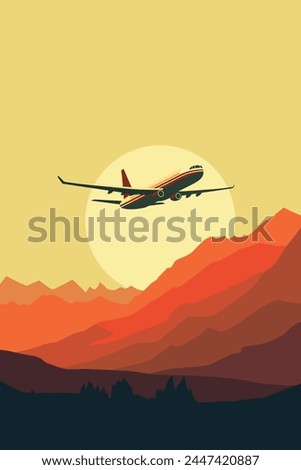 Vector retro style poster with airplane or jet flying over mountains at sunset or sunrise, vintage style image