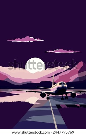 Vector retro style poster with airplane or jet on a runway among mountains at night, vintage style image