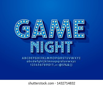 Vector retro style poster Game Night. Blue lamp Font. 3D electric light bulb Alphabet Letters, Numbers and Symbols