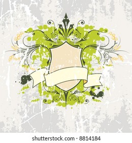 Vector retro style shield and banner with flowers