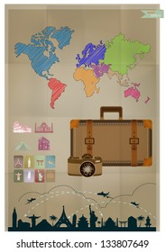 Vector retro style, sketched world map, landmark and travel background on crumpled paper