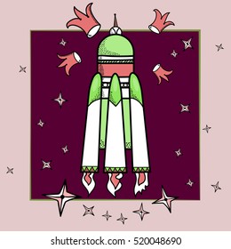 Vector retro style spaceship and crowns on pink background.