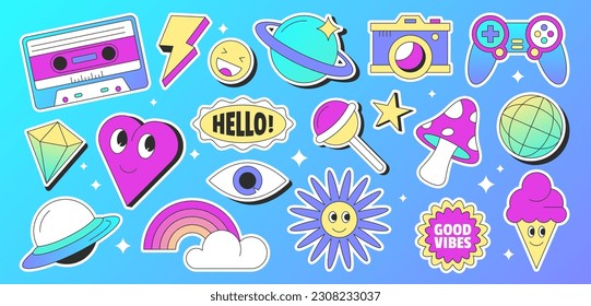 Paquete de emoticones de estilo vectorial retro con elementos de los años 90. Colección de personajes y hongos, arcoíris, planeta, ufo, cámara, joystick de juegos y cassette. Objetos establecidos en fondo azul.