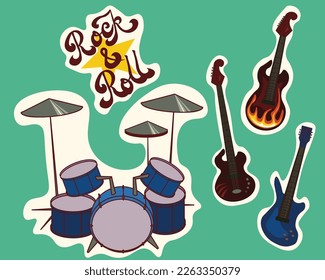 Vector retro style stickers set with vintage rock band guitars and drums