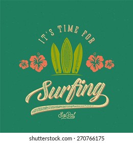 Vector Retro Style Surfing Label, Logo or T-shirt Graphic Design Featuring Surfboards and Flowers with Shabby Texture. Good for Posters etc.