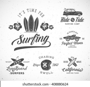 Vector Retro Style Surfing Labels, Logo Templates or T-shirt Graphic Design Featuring Surfboards, Woodie Car, Motorcycle Silhouette, Helmet. Good for Posters, Cards. With Shabby Textures. Isolated.