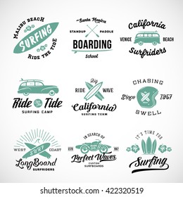 Vector Retro Style Surfing Labels, Logos or T-shirt Graphic Design Featuring Surfboards, Surf Woodie Car, Motorcycle Silhouette, Helmet and Flowers. Isolated. Good for Posters etc.