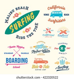 Vector Retro Style Surfing Labels, Logos or T-shirt Graphic Design Featuring Surfboards, Surf Woodie Car, Motorcycle Silhouette, Helmet and Flowers. Isolated. Good for Posters etc.