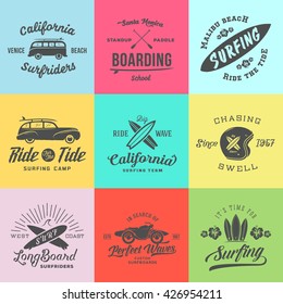 Vector Retro Style Surfing Labels, Logos or T-shirt Graphic Design Featuring Surfboards, Surf Woodie Car, Motorcycle Silhouette, Helmet and Flowers. Isolated. Good for Posters etc. On Colorful Squares