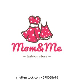 Vector retro style two dresses for mother and daughter logo. Fashion clothes mom and me store logo in doodle sketch style