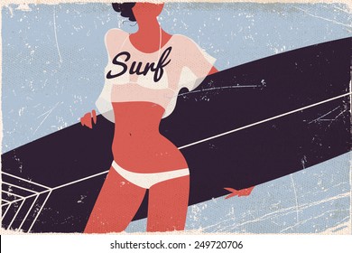 Vector Retro Style Wall Art Printable Decorative Poster On Summer Vacations, Beach Ocean Coast, Water Activities, Surfing And Bikini With Abstract Young Woman In Swim Suit Silhouette Holding Surfboard