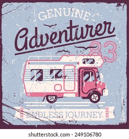 Vector retro style weathered Adventurer t-shirt graphics design featuring caravan truck and flying birds with vintage shabby textures on separate layers | Vintage wall art poster on camping travel