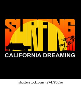 Vector Retro Style Weathered Surfing Graphics Design Featuring Surf Woodie Car. Vector