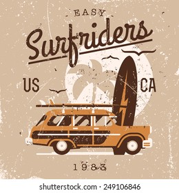 Vector retro style weathered Surfriders t-shirt graphics design featuring surf woodie car, palm silhouette and seagulls with shabby textures on separate layers | Vintage wall art poster on surfing 