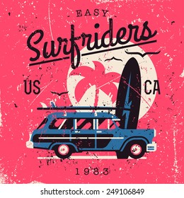 Vector retro style weathered Surfriders t-shirt graphics design featuring surf woodie car, palm silhouette and seagulls with shabby textures on separate layers | Vintage wall art poster on surfing 