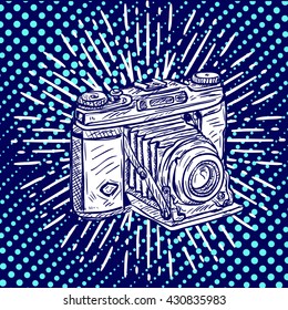 Vector retro style weathered wall art printable poster on old school photography featuring cool retro camera with flash installed. Shabby textures on separate layers | Retro camera t-shirt graphics
