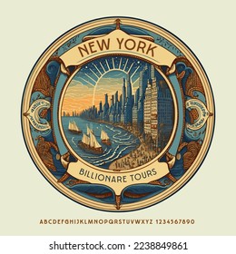 Vector retro styled badge, ornament, sticker New York. Elegant antique Font. Premium Alphabet Letters and Numbers set