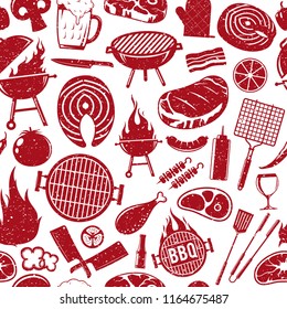 Vector retro styled barbecue seamless pattern or background. BBQ, meat, vegetables, beer, wine and equipment icons for cafe, bar and restaurant menu, branding and identity.