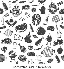 Vector retro styled barbecue seamless pattern or background. BBQ, meat, vegetables, beer, wine and equipment icons for cafe, bar and restaurant menu, branding and identity.