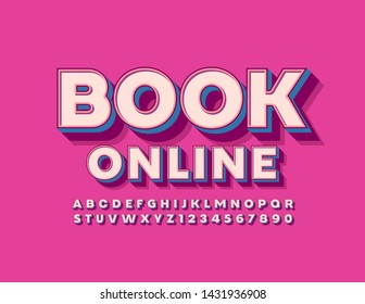 Libro de emblemas en línea con estilo vectorial retro con fuente elegante. Letras y números de los alfabetos en 3D