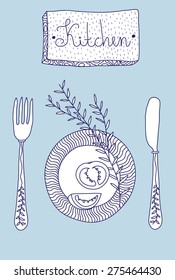 Vector retro stylish poster in Kitchen theme on blue background