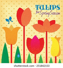 Vector retro stylized red tulips, spring flowers on polka dot background
