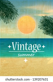 Vector retro summer background illustration with ocean, palm leaves, beach and sunset